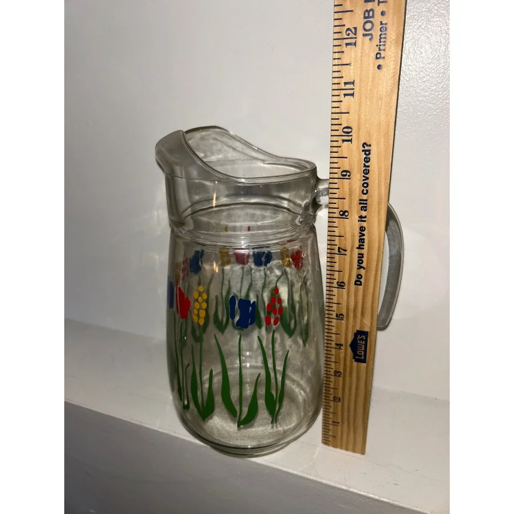 Vintage Hand Painted Tulip Glass Pitcher Clear Floral Juice Water Carafe
